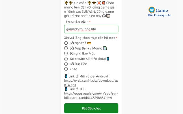 Liên hệ với Sunwin qua kênh Livechat