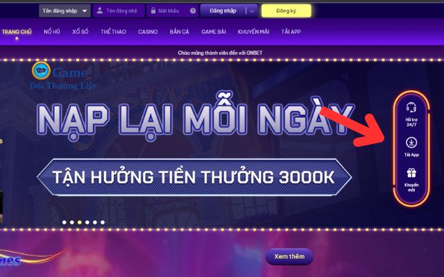 Lựa chọn biểu tượng tải App trên giao diện chính của GNBet