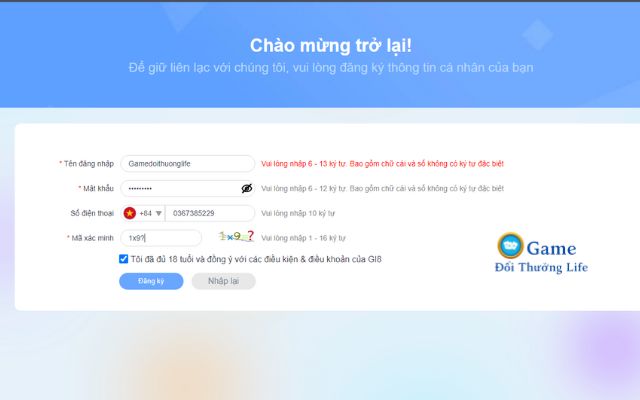 Màn hình đăng ký của Gi8