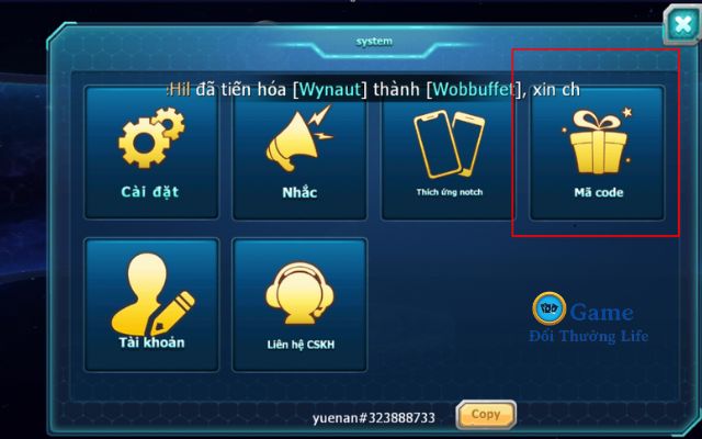 Chọn mục "Mã Code" để nhập Giftcode