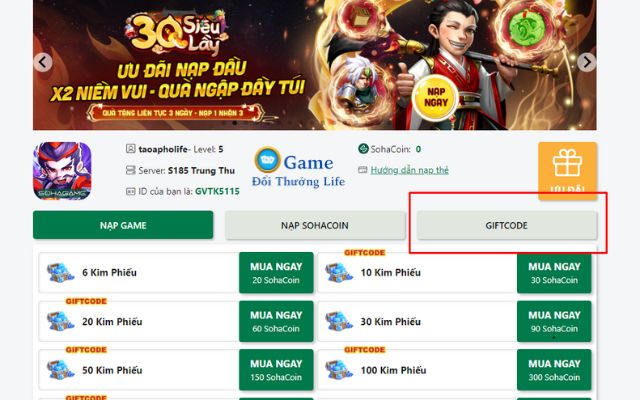 Nhấn chọn Giftcode để nhập mã Code Tâm Quốc Chess