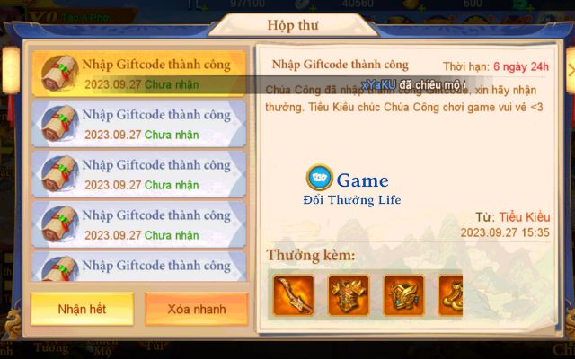 Tìm phần "Thư" để nhận quà từ Code Game nhé