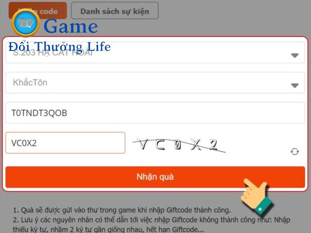 Điền thông tin, nhập mã code và nhấn Nhận quà