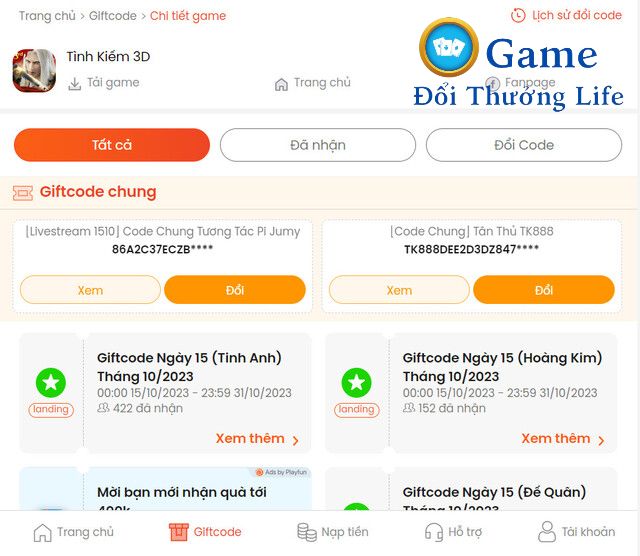 Người chơi nhấn chọn Đổi Code tại màn hình