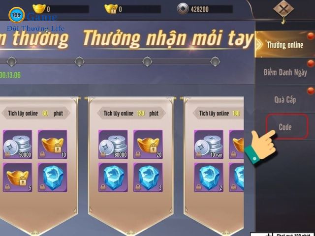 Tại danh sách menu bên phải, người chơi ấn chọn Code